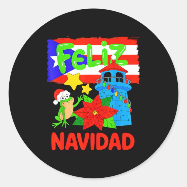 Feliz Navidad Puerto Rico Flag Floral Frog Boricua Classic Round Sticker (Front)