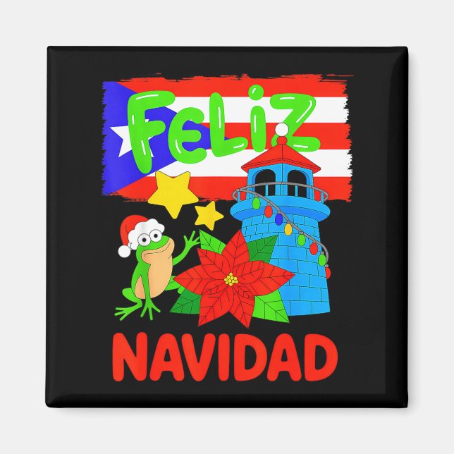 Feliz Navidad Puerto Rico Flag Floral Frog Boricua Magnet (Front)