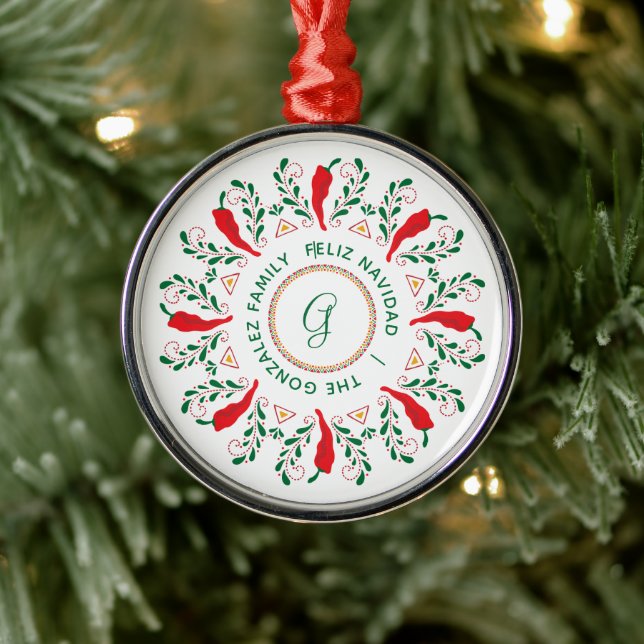 Feliz Navidad Red Chile Pepper Metal Ornament (Tree)