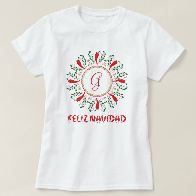 Feliz Navidad Red Chile Pepper Wreath T-Shirt (Design Front)