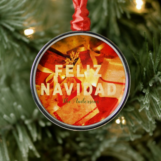 Feliz Navidad Red Gold Green Modern Elegant Metal Ornament (Tree)