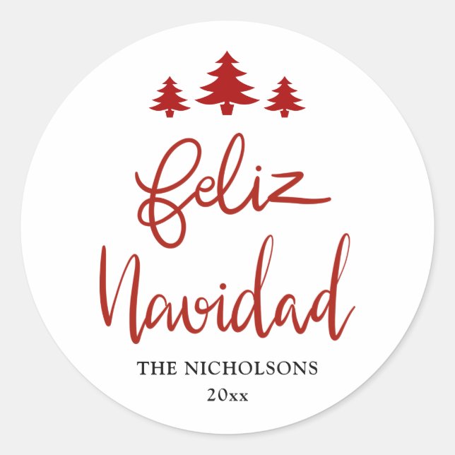 Feliz Navidad Red Script Elegant Classic Round Sticker (Front)