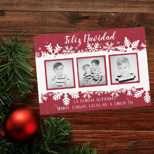 Feliz Navidad   Red Snowflake 3 Photo Rojo Holiday Card