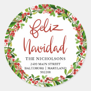 Feliz Navidad Red Watercolor Holly Wreath Classic Round Sticker
