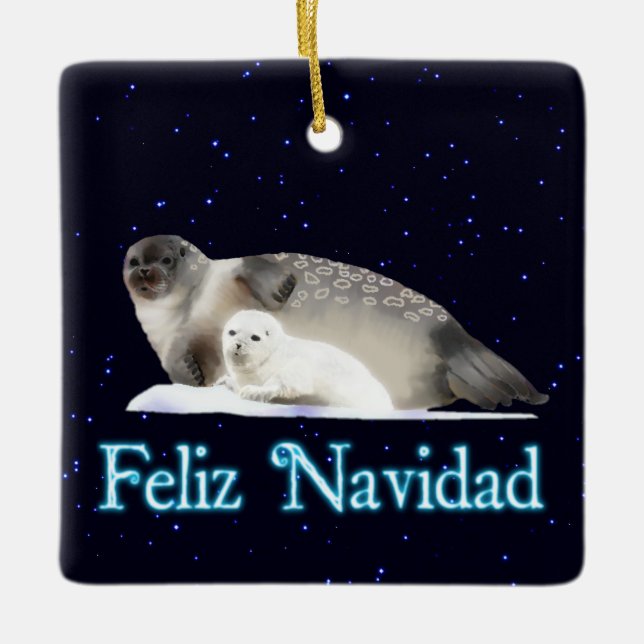 Feliz Navidad - Ringed Seal Ceramic Tree Decoration (Front)