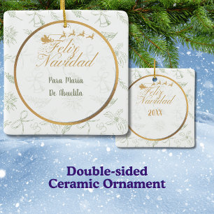 Feliz Navidad Sage Green and Gold Toile Square Ceramic Ornament