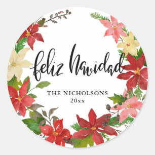 Feliz Navidad Script Red Poinsettia Floral Wreath Classic Round Sticker