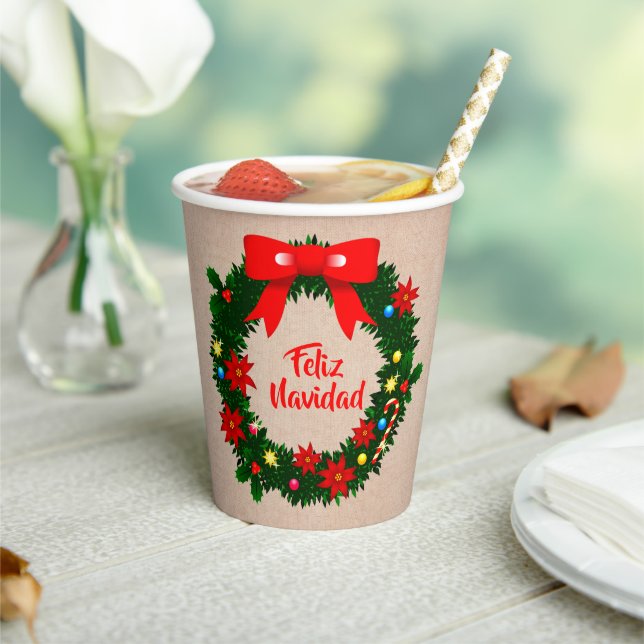 Feliz Navidad Set Merry Christmas Wreath Bow Paper Cups (Insitu)