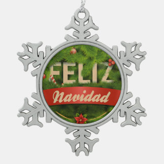 Feliz Navidad Snowflake Pewter Christmas Ornament