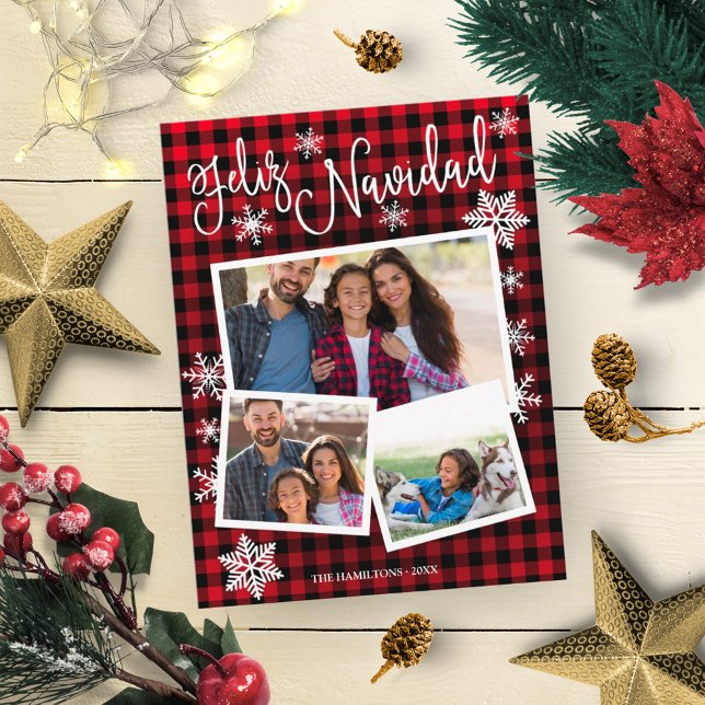 Feliz Navidad Snowflake Rustic 3 Photos Christmas Postcard (Creator Uploaded)