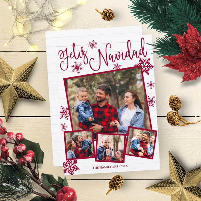 Feliz Navidad Snowflake Rustic 4 Photos Christmas Invitation (Creator Uploaded)