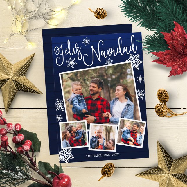 Feliz Navidad Snowflake Rustic 4 Photos Christmas Invitation (Creator Uploaded)