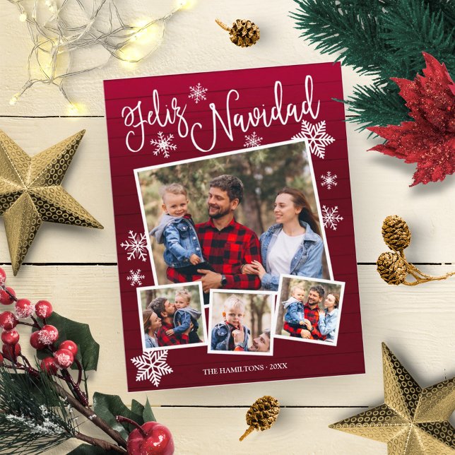 Feliz Navidad Snowflake Rustic 4 Photos Christmas Postcard (Creator Uploaded)