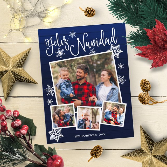 Feliz Navidad Snowflake Rustic 4 Photos Christmas Postcard (Creator Uploaded)