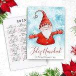 Feliz Navidad Spanish 2025 Calendar Gnome Holiday Card<br><div class="desc">Create cute personalised Christmas cards with Spanish Feliz Navidad greetings from your family. The backside has a Spanish 2025 calendar on a white background (Sunday through Saturday calendar). The design with a cheerful gnome in festive red clothes on the snowy background is perfect for family, friends, neighbours, or colleagues. The...</div>
