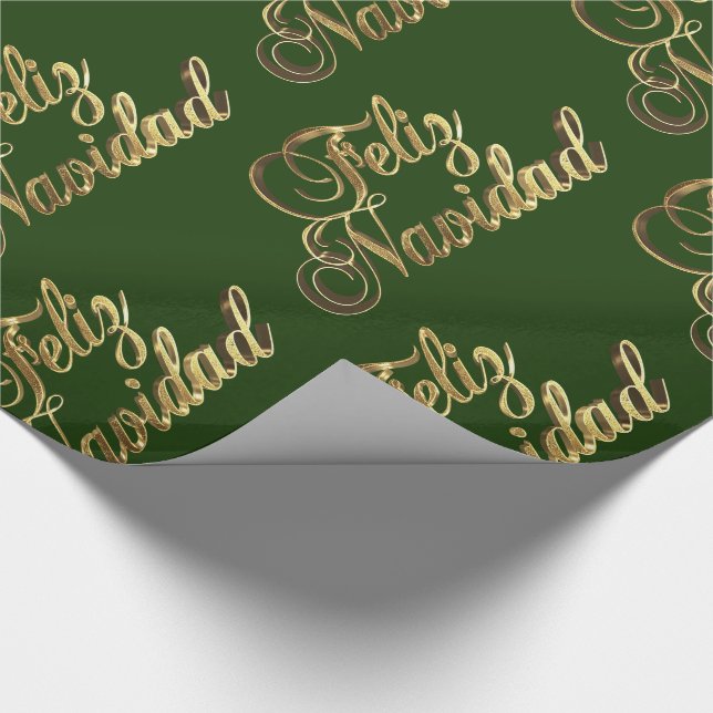 Feliz Navidad Spanish Christmas Green and Gold Wrapping Paper (Corner)