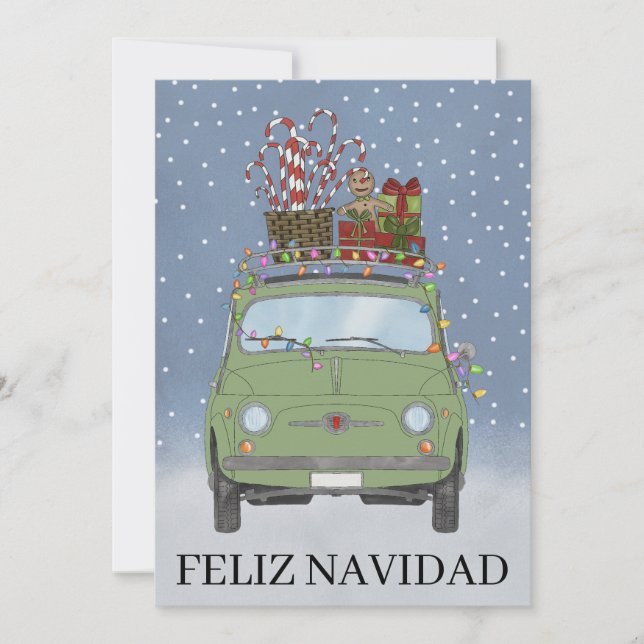 Feliz Navidad Spanish Christmas Green Fiat 500  Holiday Card (Front)