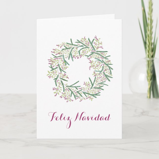 Feliz Navidad, Spanish Christmas wreath Holiday Card (Front)