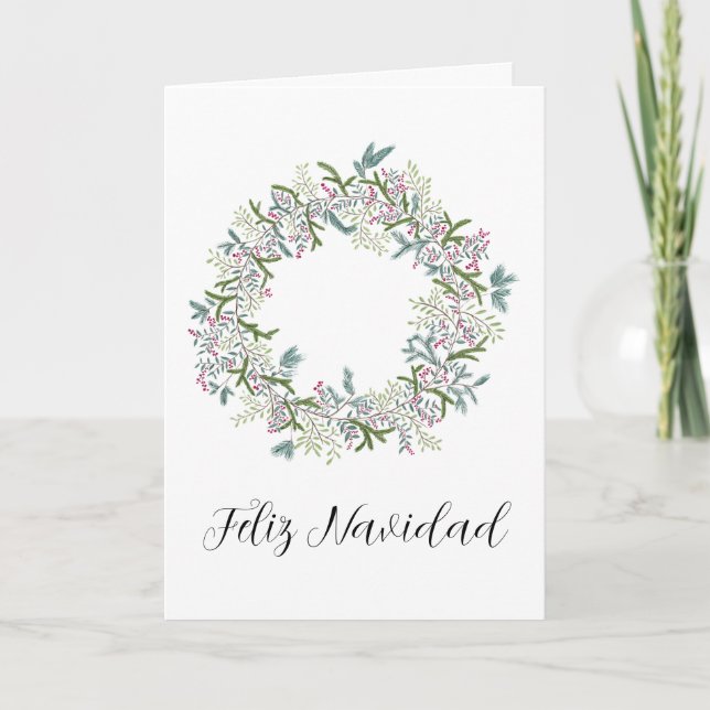 Feliz Navidad, Spanish Christmas wreath Holiday Card (Front)