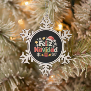 Feliz Navidad Spanish Mexican Merry Christmas Xmas Snowflake Pewter Christmas Ornament