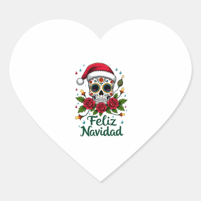 Feliz Navidad Sugar Skull Mexican Christmas T-Shir Heart Sticker (Front)