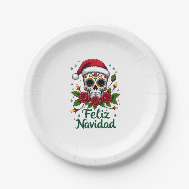 Feliz Navidad Sugar Skull Mexican Christmas T-Shir Paper Plate (Front)