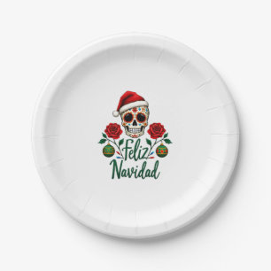 Feliz Navidad Sugar Skull Mexican Christmas T-Shir Paper Plate