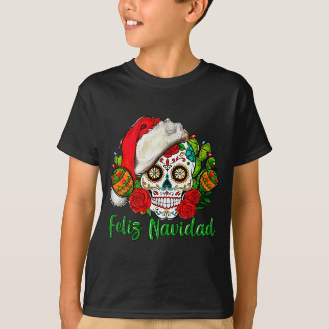 Feliz Navidad Sugar Skull Mexican Christmas  T-Shirt (Front)