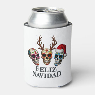 Feliz Navidad Sugar Skulls Reindeer Santa Mexican  Can Cooler
