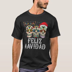 Feliz Navidad Sugar Skulls Reindeer Santa Mexican T-Shirt