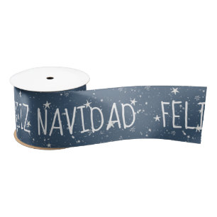FELIZ NAVIDAD Text With Stars Satin Ribbon