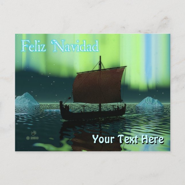 Feliz Navidad - Viking Ship And Northern Lights Postcard (Front)