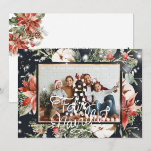 Feliz Navidad Watercolor Poinsettia Photo Card