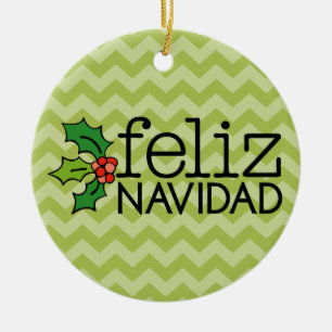 Feliz Navidad with green chevrons Ceramic Tree Decoration