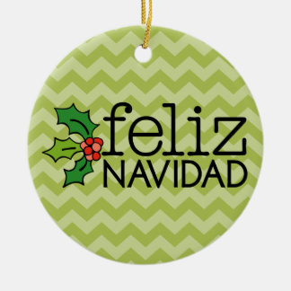 Feliz Navidad with green chevrons Ceramic Tree Decoration