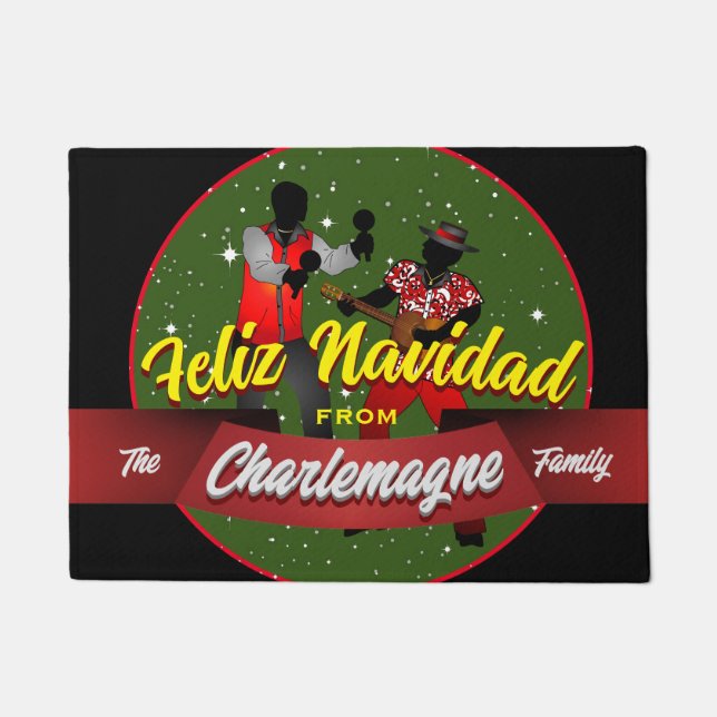  Feliz Navidad with Parranderos and FAMILY NAME Doormat (Front)