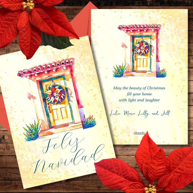Feliz Navidad Wreath on Colourful Mexican Door Holiday Card (Creator Uploaded)