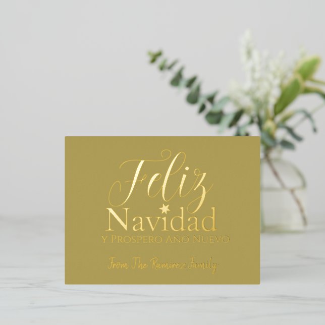 Feliz Navidad y Prospero Año Nuevo Modern  Foil Holiday Postcard (Standing Front)