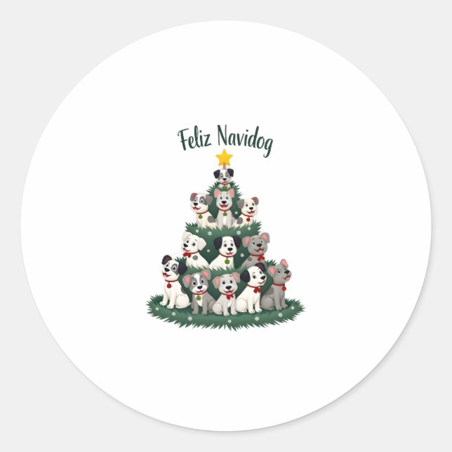 Feliz Navidog Christmas Dog T-Shirt, Funny Cute Xm Classic Round Sticker (Front)