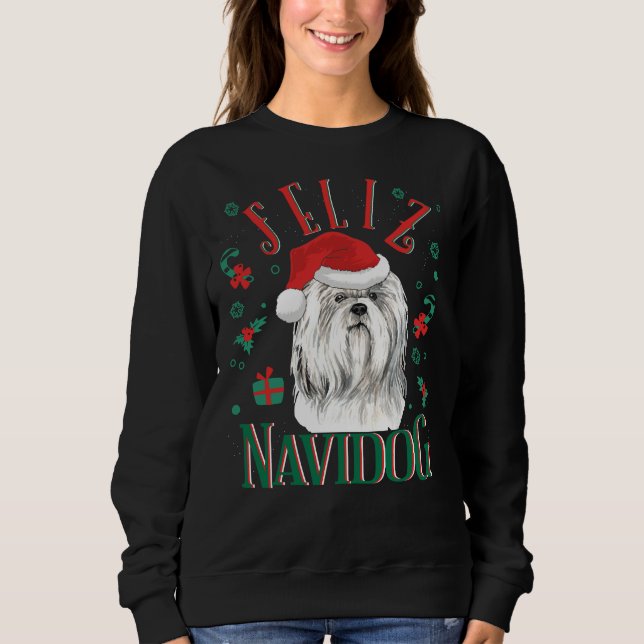 Feliz Navidog Cute Shih Tzu Dog Wearing Christmas  Sweatshirt (Front)