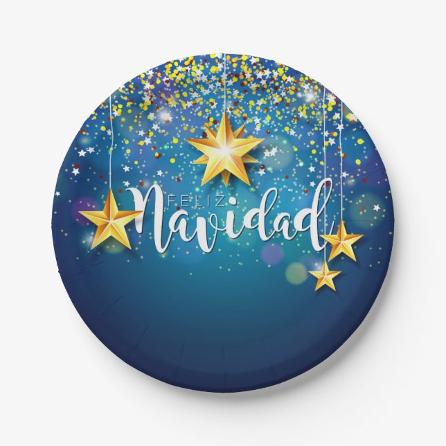Felize Navidad Gold Stars Christmas 7" Paper Plate (Front)