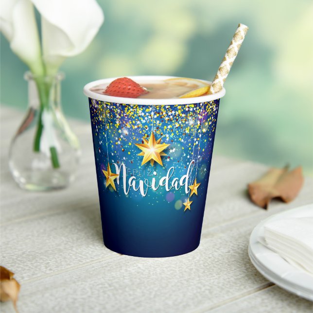 Felize Navidad Gold Stars Christmas Paper Cups (Insitu)