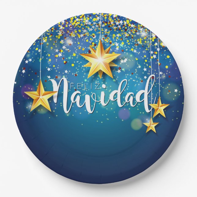 Felize Navidad Gold Stars Christmas Plate (Front)