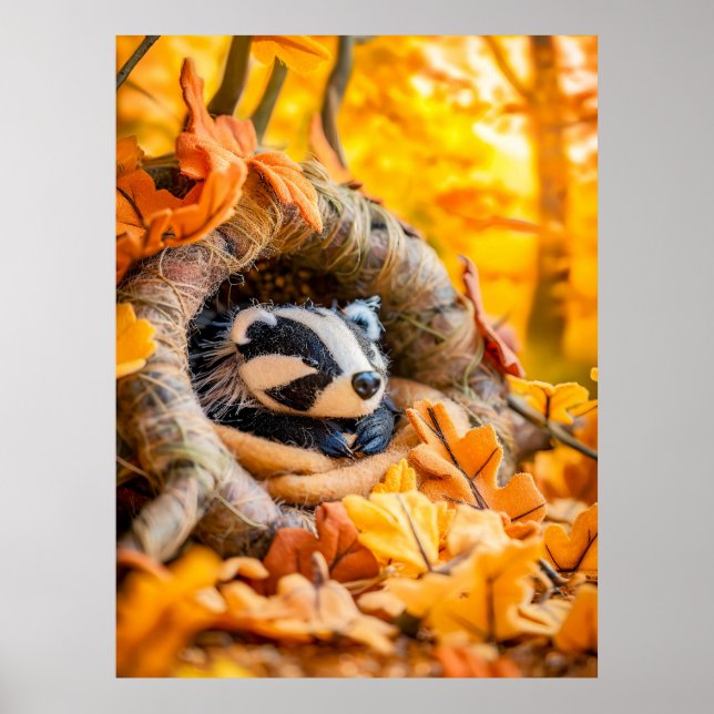 Felt Badger in Autumn Forest Poster (Front)