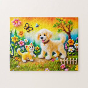 Felt Dog and Cat in Golden Sunset Garden Jigsaw Puzzle