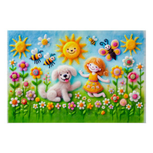 Felt Dog and Child in Flower Garden Poster