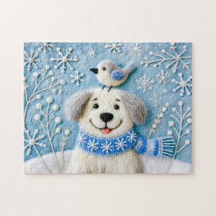 Felt Dog in Snow with Scarf and Bird Jigsaw Puzzle