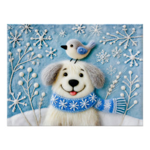 Felt Dog in Snow with Scarf and Bird Poster