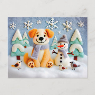 Felt Dog Playing in Snow with Snowman and Birds Postcard