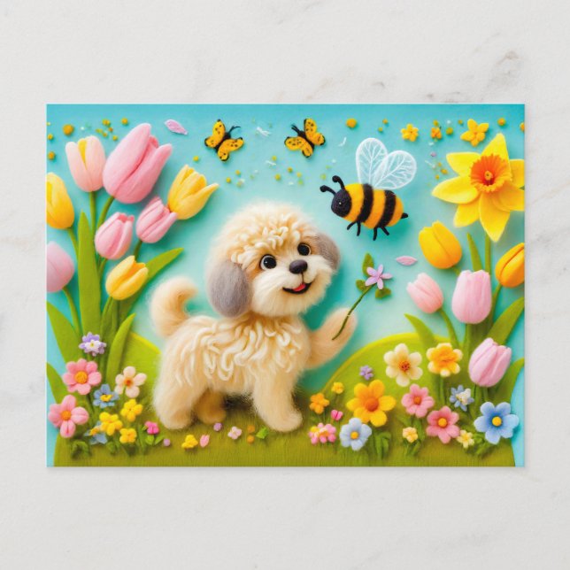 Felt Dog with Spring Blossoms Postcard (Front)